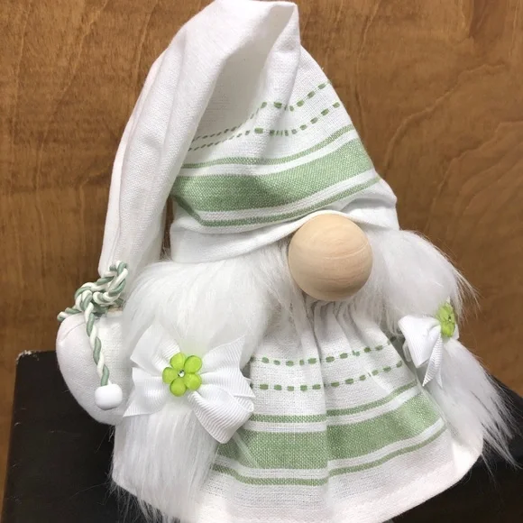 Sweet Green Gnome Linen Stripes Flowers Bows Geometric Beaded Legs Gift Spring - Picture 5 of 8